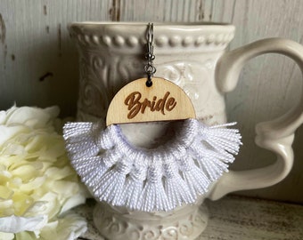 Bride Fringe Earrings - White dangle statement wood favor gift hoop boho tassel wedding party team bachelorette