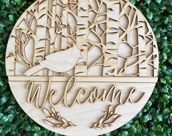 Christmas Cardinal DIY wood sign - unfinished cut out door hanger wall decor craft supply sign kit blanks round wreath sign