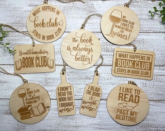 Book Club Ornament  -  Tag Wine charm Reading librarian book lover gift white elephant funny humor girlfriends ladies