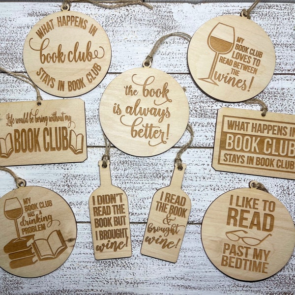 Book Club Ornament  -  Tag Wine charm Reading librarian book lover gift white elephant funny humor girlfriends ladies