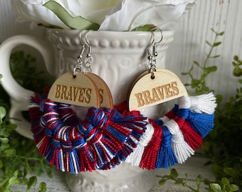 Braves earrings - dangle statement fringe wood High School Pop Warner Flag Sports USA America Patriotic handmade jewelry