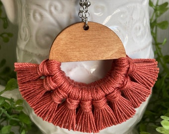 Fall Fringe Earrings - Russet dangle statement wood favor gift hoop boho