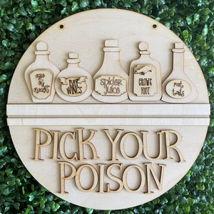 Halloween DIY wood sign - Pick your poison witch Whimsy colorful October candy trick or treat bat potions bottles