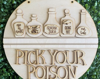 Halloween DIY wood sign - Pick your poison witch Whimsy colorful October candy trick or treat bat potions bottles