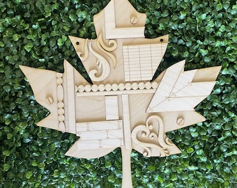 Maple Leaf DIY wood sign - Vintage Rustic Farmhouse unfinished cut out door hanger wall decor craft supply sign kit blanks wreath fall