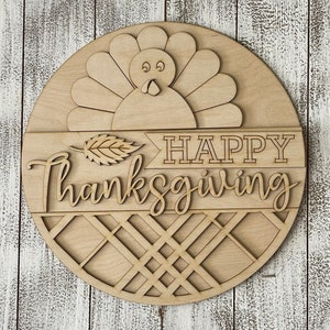 DIY wood sign - Happy Thanksgiving Turkey unfinished cut out door hanger wall decor craft supply sign kit blanks round wreath sign