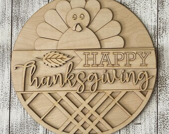 DIY wood sign - Happy Thanksgiving Turkey unfinished cut out door hanger wall decor craft supply sign kit blanks round wreath sign