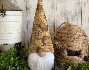 Sunflower Bee Gnome - decor tiered tray kitchen shelf sitter floral black yellow hive honey