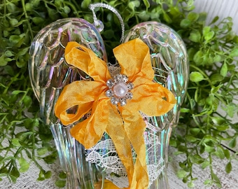 Angel wings yellow ornament - remembrance memorial iridescent