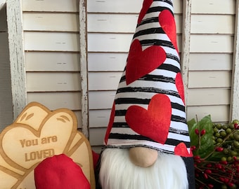 Valentine Love Gnome - red heart black and white stripe