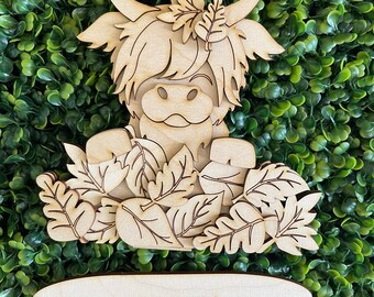 Highland Cow DIY standing sign - Fall Autumn leaf leaves farm ranch cattle home decor door hanger wreath supply blank shelf sitter gift