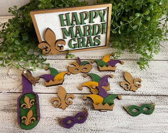 Mardi Gras tiered tray set scatter - green yellow purple modern home decor tabletop shelf sitter cake parade gold vignette centerpiece