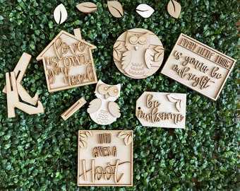 Owl DIY wood tiered tray set- unfinished cut out door hanger wall decor craft supply sign kit blanks round wreath sign
