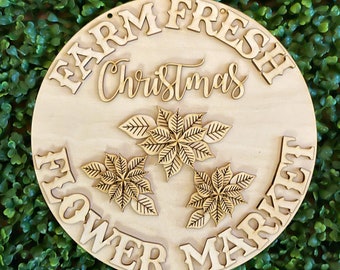 DIY wood sign - Poinsettia Flower Market unfinished cut out door hanger wall decor craft supply sign kit blanks round wreath sign