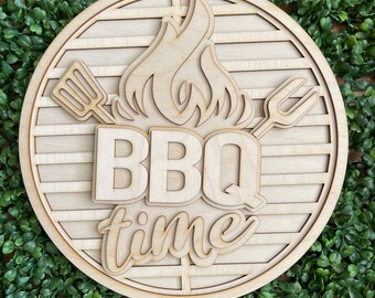 BBQ DIY wood sign - unfinished cut out door hanger wall decor craft supply sign kit blanks round wreath sign