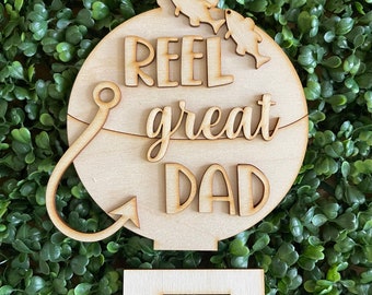 Father’s Day DIY wood sign - Reel Great Dad Shelf Sitter unfinished cut out door hanger wall decor craft supply sign kit blanks fish