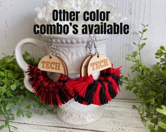 Tech earrings - dangle statement fringe wood red black High School Pop Warner Flag sports