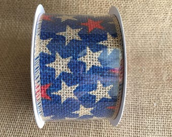 Star Burlap Ribbon 2.5" x 15ft Wedding Decor Jute Wreath Spring Summer July 4th Hero Military Memorial day Red White blue