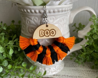 Halloween Earrings - Boo fringe dangle statement wood favor gift hoop boho orange black