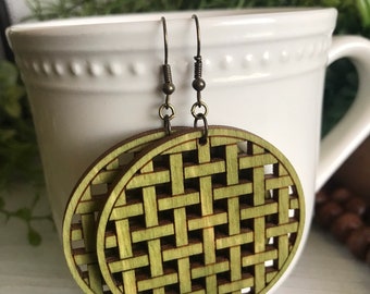 Geometric earrings green tea stain - dangle statement wood natural boho minimalist country rustic basket weave