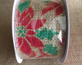 Red poinsettia Burlap Ribbon 2.5" x 15ft Christmas