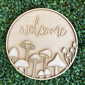 Letrero de madera DIY "Bienvenida a Hongos" - Percha de puerta recortada sin terminar, decoración de pared, suministros de artesanía, kit de letreros en blanco, letrero de corona redonda