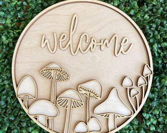 Mushroom Welcome DIY wood sign -  unfinished cut out door hanger wall decor craft supply sign kit blanks round wreath sign
