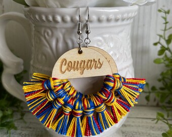 Cougars earrings - dangle statement fringe wood handmade jewelry High School College