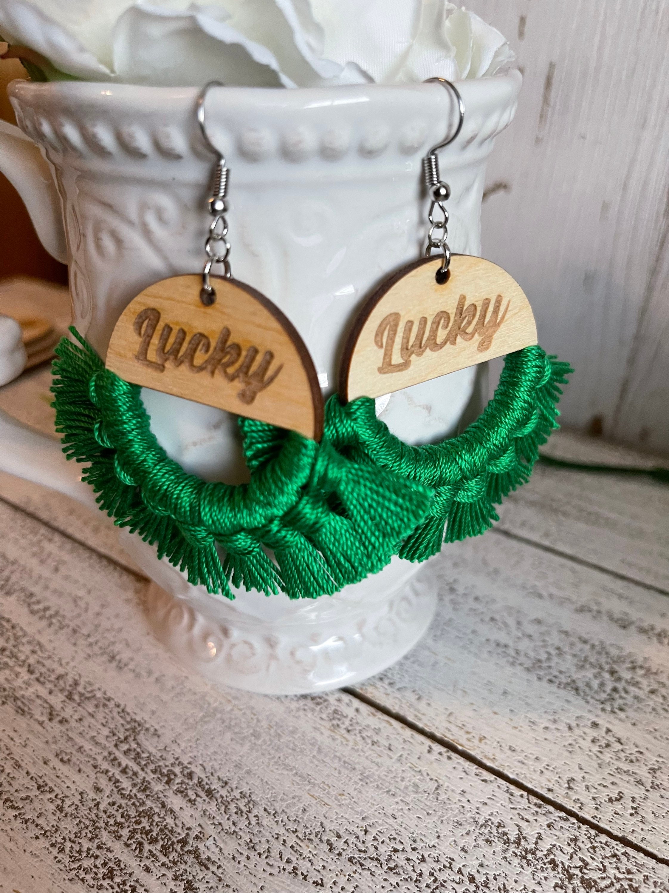 St. Patrick's Day Tassel & Cover Dome Earrings Long Tassel Irish St  Patricks Day Earrings for Women EMERALD GREEN SHAMROCK CLOVE