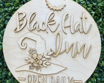 Halloween DIY wood sign - Black Hat Inn witch Whimsy colorful October candy trick or treat floral flowers spooky