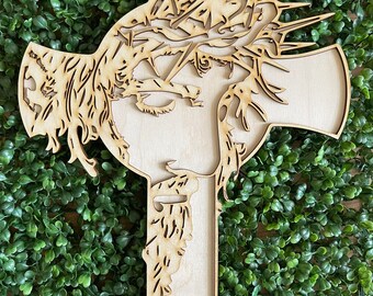 Cross DIY wood sign - Jesus face on cross unfinished cut out door hanger wall decor craft supply sign kit blanks risen wreath sign Easter