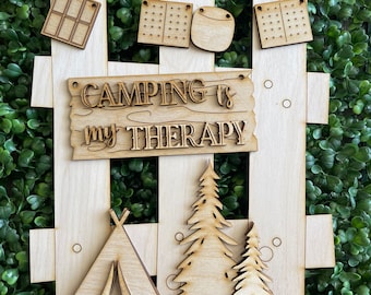 Fence DIY wood sign - Camping is my therapy unfinished cut out door hanger wall decor craft supply sign kit blanks wreath