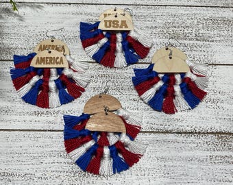 Patriotic Fringe earrings - 4th of July 250th Anniversary dangle statement wood USA America Red White Blue United States