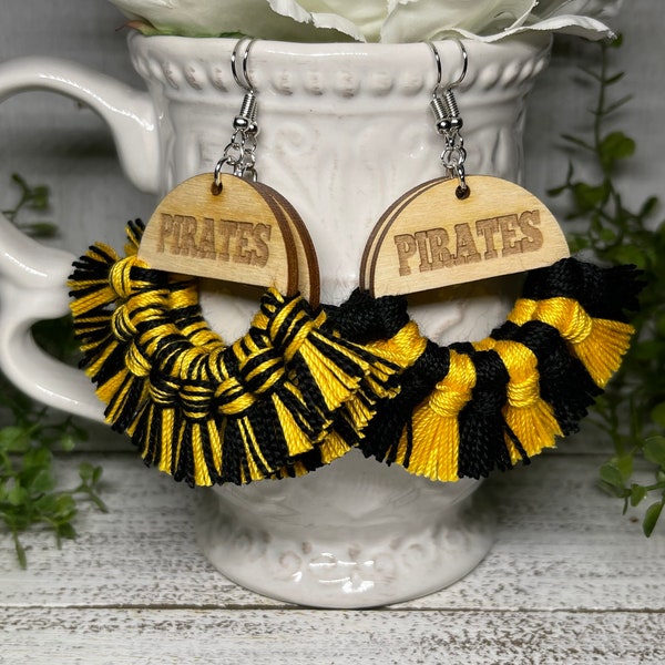 Pirates earrings - dangle statement fringe wood yellow gold black handmade jewelry High School College