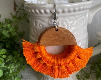 Orange Fringe Earrings - dangle statement wood favor gift hoop boho oak stain sports team spirit mom fan