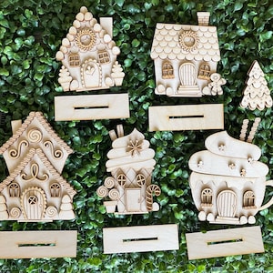 Christmas wood DIY tiered tray set- Gingerbread House village unfinished cut out door hanger wall decor craft supply sign kit blanks sign