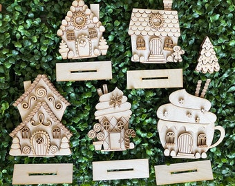 Christmas wood DIY tiered tray set- Gingerbread House village unfinished cut out door hanger wall decor craft supply sign kit blanks sign