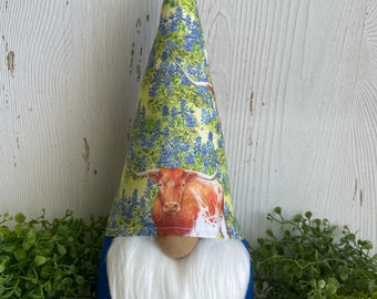 Texas Bluebonnet Longhorn Gnome - decor tiered tray centerpiece vignette table shelf sitter state hometown relocation welcome housewarming