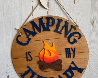 Camping wood sign - Camping is my Therapy hand painted finished door hanger wall decor round wreath sign leaner display shelf sitter