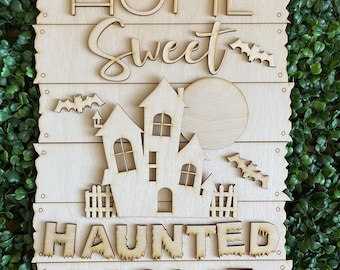 DIY Halloween wood sign - Home Sweet Haunted Ghost bats Whimsy colorful October candy trick or treat blank kit