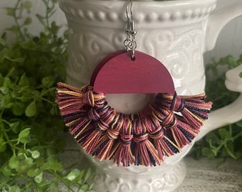 Fringe Earrings - multi color dangle statement wood favor gift hoop boho pink mauve