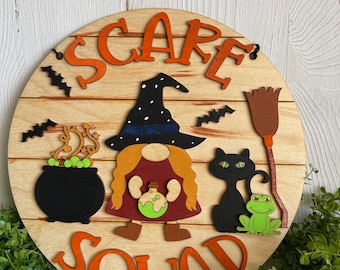 Happy Halloween wood sign - Scare Squad cat witch Whimsy colorful October candy trick or treat bat