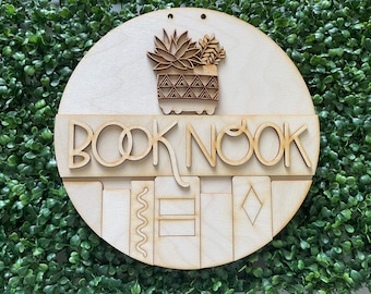 Book Nook DIY wood sign -  Reading librarian book lover housewarming realtor gift hostess gift round unfinished home decor blank nerd