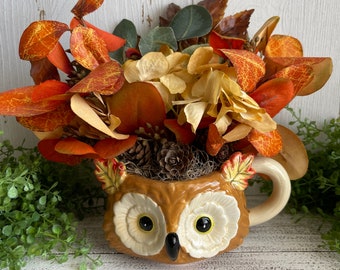 Fall Owl Floral decor - table top home décor centerpiece shelf sitter desk vignette
