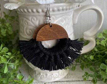 Black Fringe Earrings - dangle statement wood favor gift hoop boho walnut stain