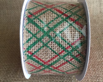 Christmas Red & Green plaid Burlap Ribbon 2.5" x 15ft