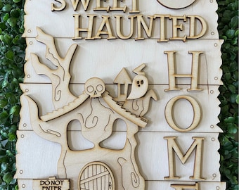 DIY Halloween wood sign - Home Sweet Haunted Ghost bats Whimsy colorful October candy trick or treat blank kit