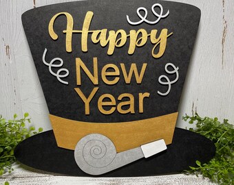 Happy New Year wood sign - 2025 event celebration party modern home decor tabletop shelf sitter black gold silver