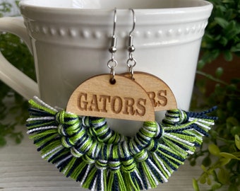Gators earrings - dangle statement fringe wood green navy blue lime green white football high school little league