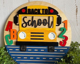 Back to School wood sign - finished hand painted round teacher bus elementary